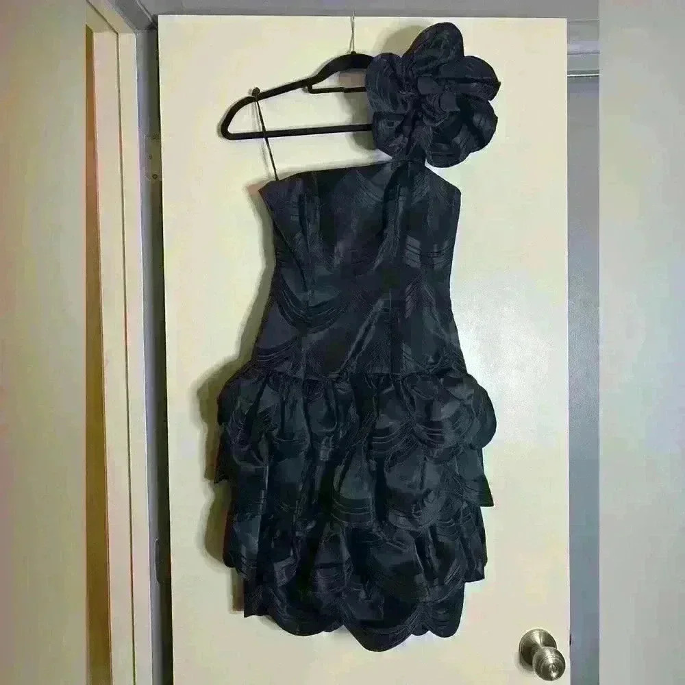 Victor Costa Black One-Shoulder Floral Accent Cocktail Dress. Vintage